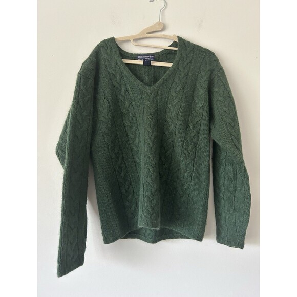 Vintage Abercrombie & Fitch Lambswool Green Cable Knit V-Neck Sweater Size S - Picture 1 of 10